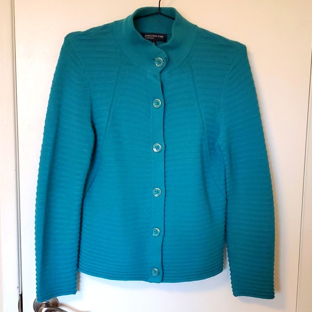 Turquoise heavy knit cardigan with fun buttons